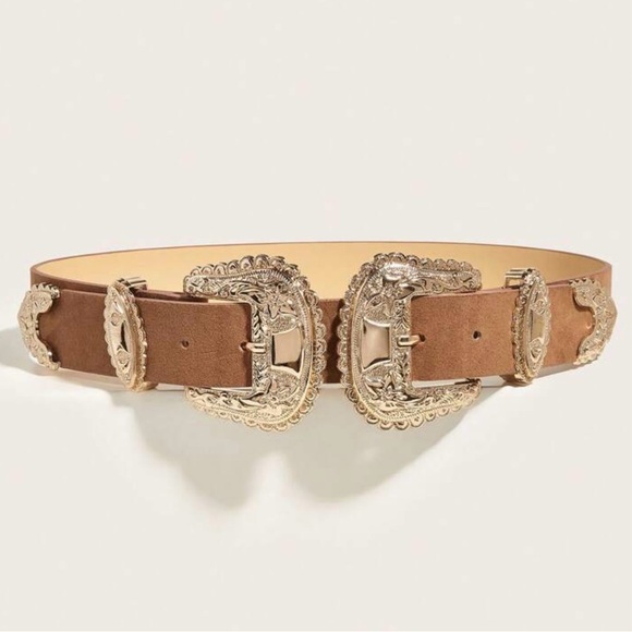 Accessories - Double Brown Western Belt with Gold Buckles